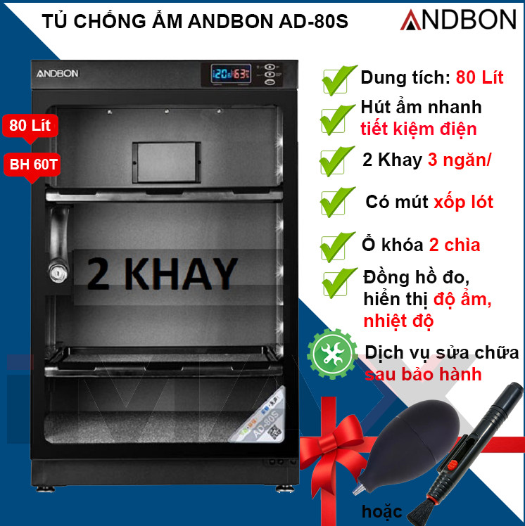 TỦ CHỐNG ẨM ANDBON AD-80S, 80 LÍT - LOẠI 2 KHAY HÀNG CHÍNH HÃNG