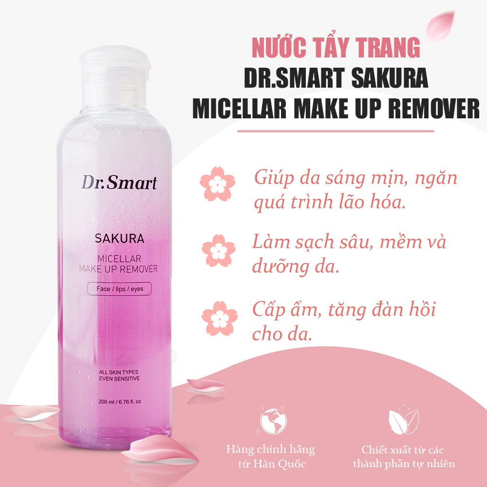 Nước tẩy trang làm sạch Dr.Smart Sakura dưỡng ẩm ngừa mụn cho mọi loại da tẩy trang không cồn  200ml