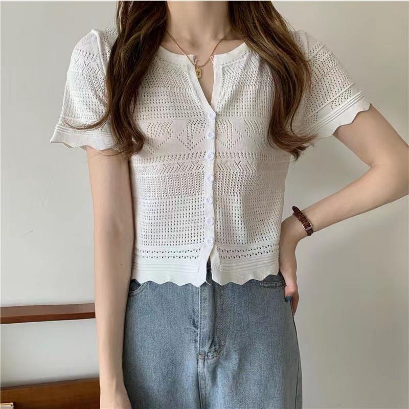 Áo len mongtoghi nữ croptop tay ngắn dệt kim họa tiết kiểu cổ V thời trang phong cách hàng Quảng Châu cao cấp