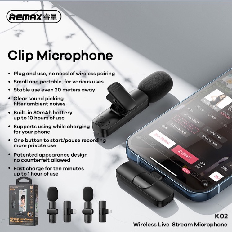 Micro thu âm không dây Remax K02 / K03 cho điện thoại hỗ trợ Livestream - HÀNG CHÍNH HÃNG