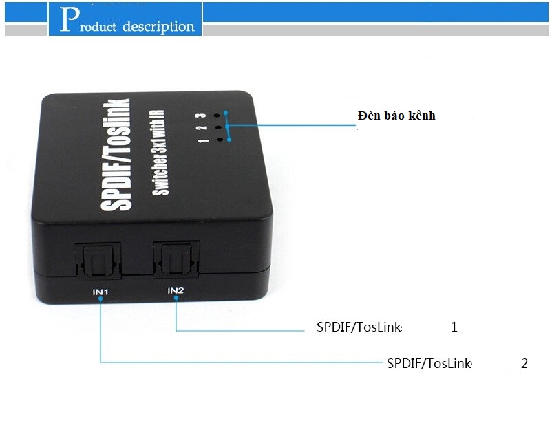 Bộ gộp quang 3 vào 1 SPDIF Optical Audio Switcher 3x1 with Remote Control Digital TOSLINK Switch Box PCM-GQ301- Hàng Chính Hãng