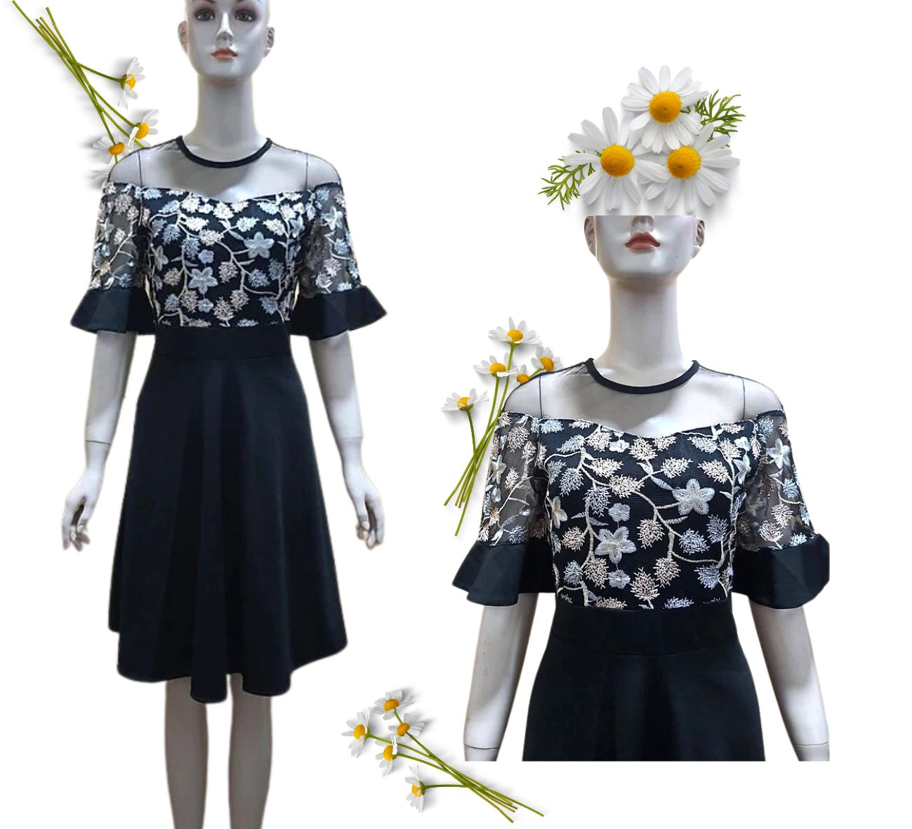 Đầm Xòe Phối Ren Hoa Vải Thun Cotton Thái phối Ren Hoa cao cấp dày dặn, thoáng mát và co giãn. Đầm thích hợp cho chị em đi làm công sở,đi chơi,đi tiệc đều đẹp