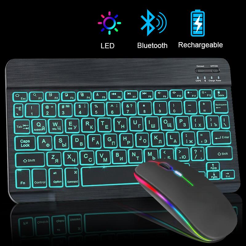 RGB Bàn Phím Bluetooth Và Chuột Sạc Không Dây Bàn Phím Chuột Nga Spainsh Đèn Nền Bàn Phím Cho Máy Tính Bảng Ipad Laptop