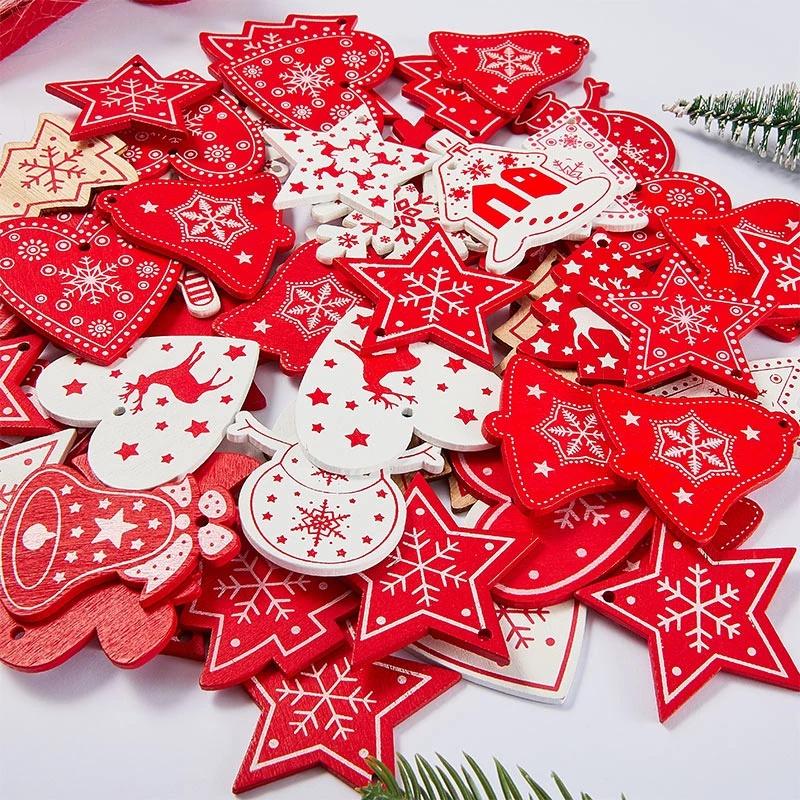Phụ kiện treo trang trí cây thông Noel bằng gỗ thủ công với nhiều kiểu dáng in hình bông tuyết xinh xắn