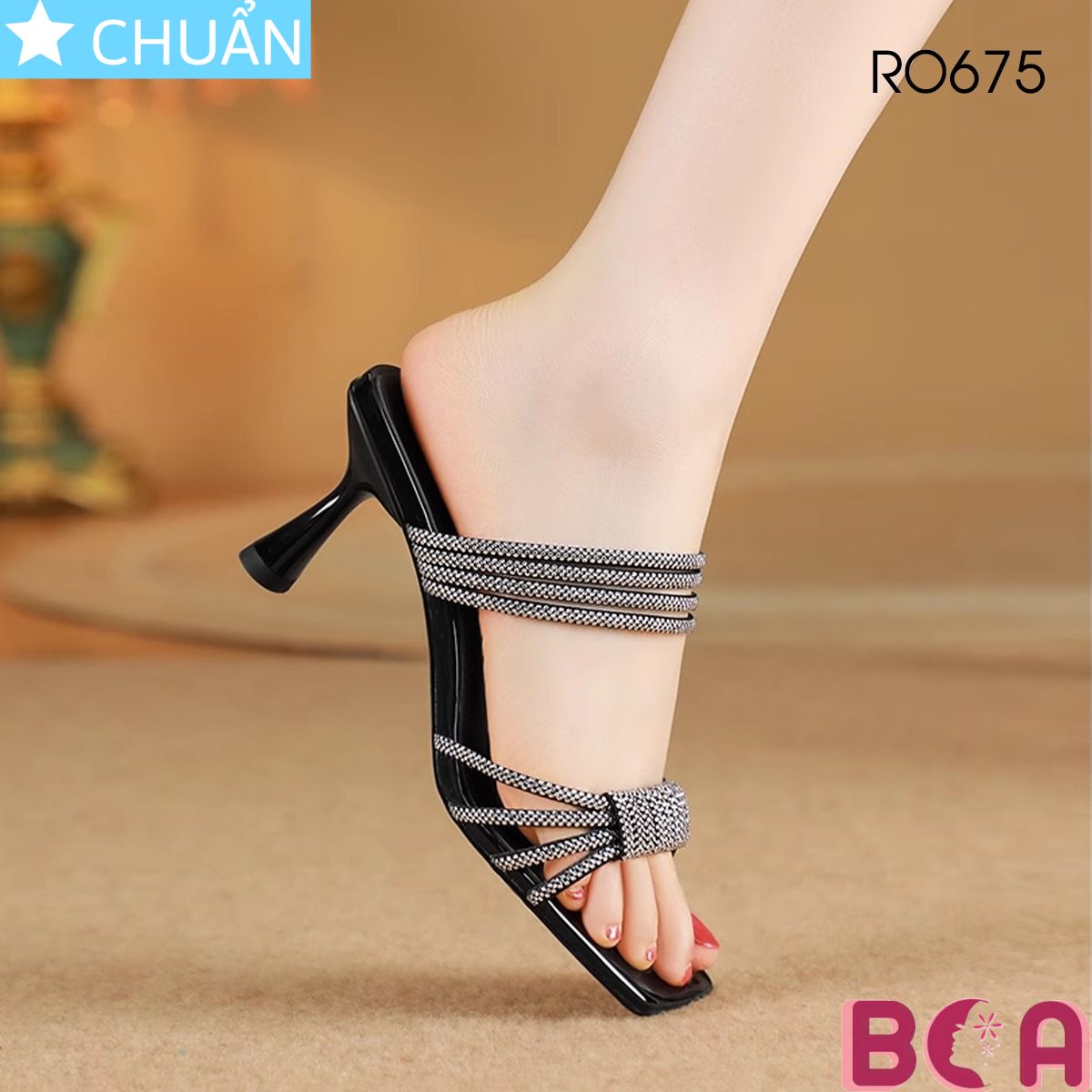 Dép nữ cao cấp hở mũi cao gót 6 phân RO675 ROSATA tại BCASHOP quai ngang đính kim sa, phong cách sang trọng, thời trang