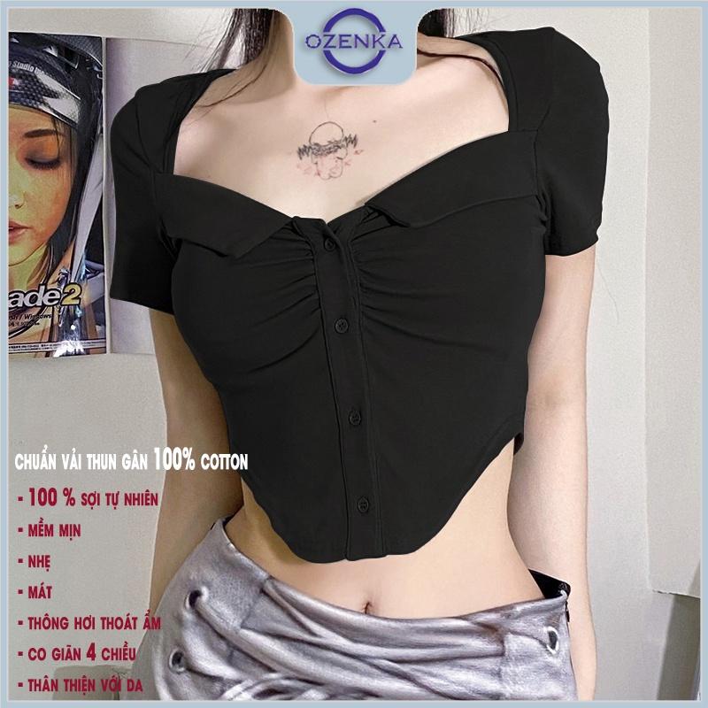 Áo croptop kiểu cổ rộng cài khuy vạt bầu nữ ozenka , áo thun crt ngắn cộc tay màu đen trắng nhún giữa gợi cảm