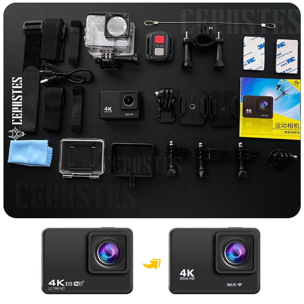 Máy ảnh hành động chống lắc 4K/60fps WiFi với màn hình điều khiển từ xa màn hình máy ảnh thể thao chống thấm nước EIS