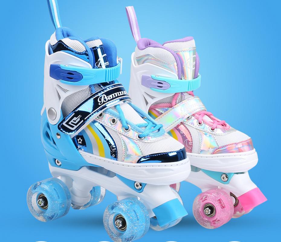 Giày trượt tuyết cho trẻ em giày trượt băng trẻ em trượt trượt điều chỉnh giày trượt băng quad 4 bánh xe 2 bánh xe ngoài trời Color: pink Shoe Size: M