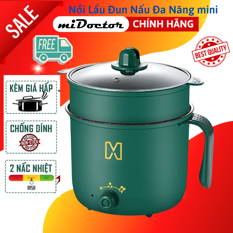 Nồi lẩu điện mini nấu mì 2 tầng kèm giá hấp đa năng nướng, luộc, chiên vân đá chống dính tiện lợi miDoctor