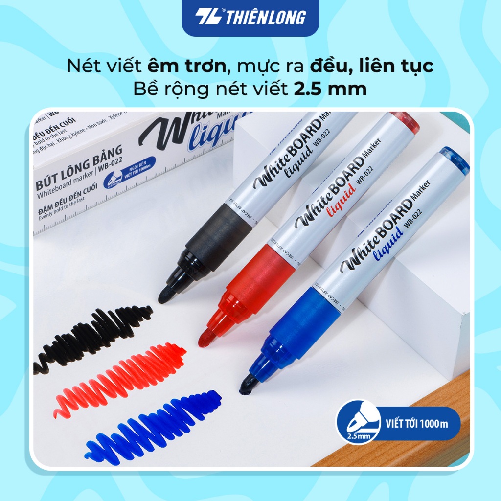 Hộp 12 Bút lông bảng Thiên Long WB-022 - Whiteboard Marker Liquid - đầu 2.5 mm, chống lăn, dễ xóa