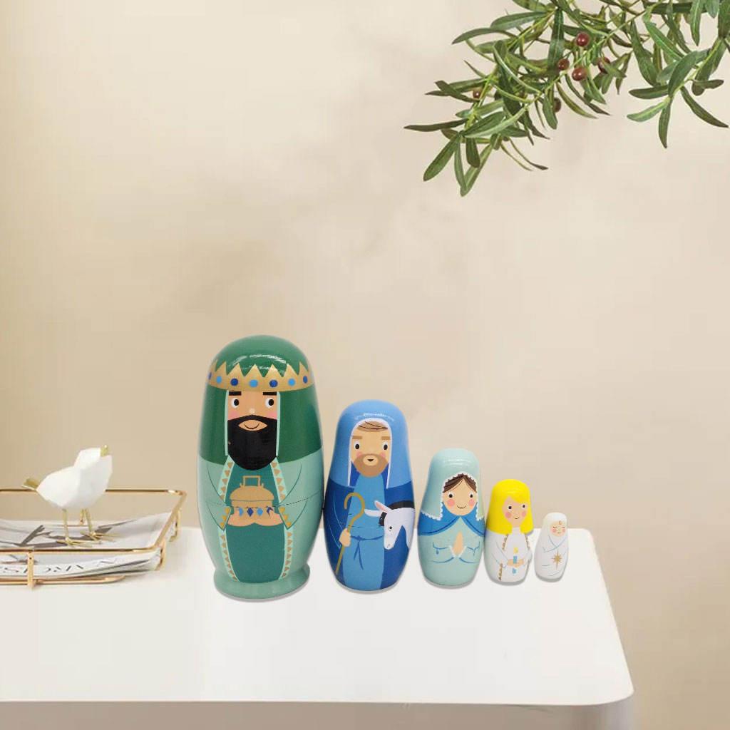 Set of 5 Cartoon Matryoshka Wooden Russian Nesting Dolls Handmade Home Decor