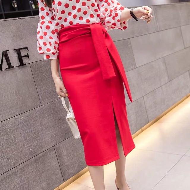 Chân Váy Bút Chì dài 70cm sẻ trước buộc nơ thời trang nữ