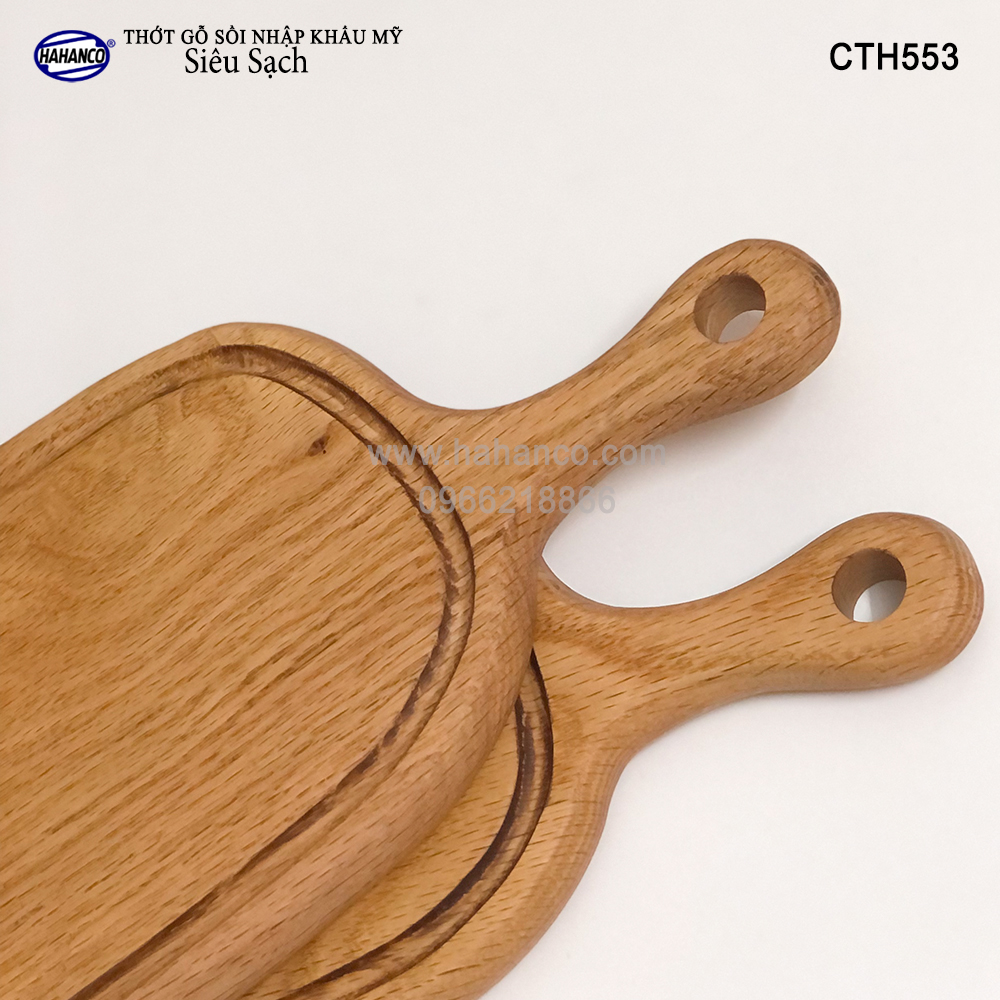 Thớt tay cầm gỗ Sồi Mỹ (OAK) có rãnh bao quanh tiện dụng (CTH553) hàng Xuất Khẩu Châu Âu - khay bánh mì/trái cây/ bít tết/ pizza/ phụ kiện chụp ảnh, bày món ăn trong nhà hàng - Sang trọng trên bàn ăn - HAHANCO