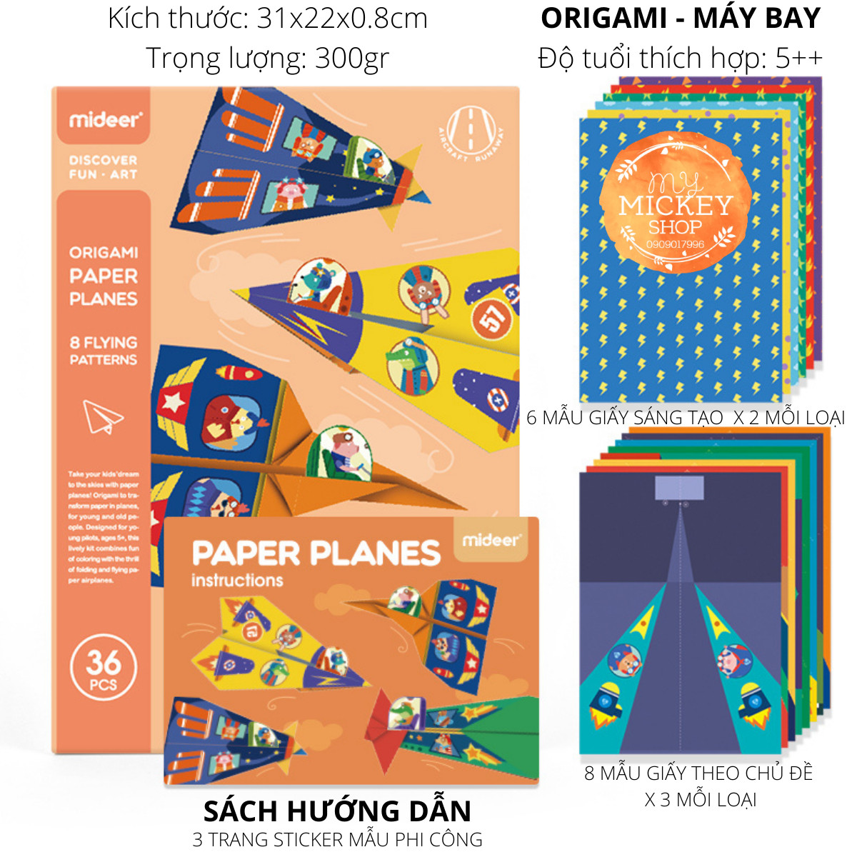 Bộ giấy Origami xếp hình thủ công mẫu Máy Bay 36 tờ giấy chính hãng Mideer Origami Airplane