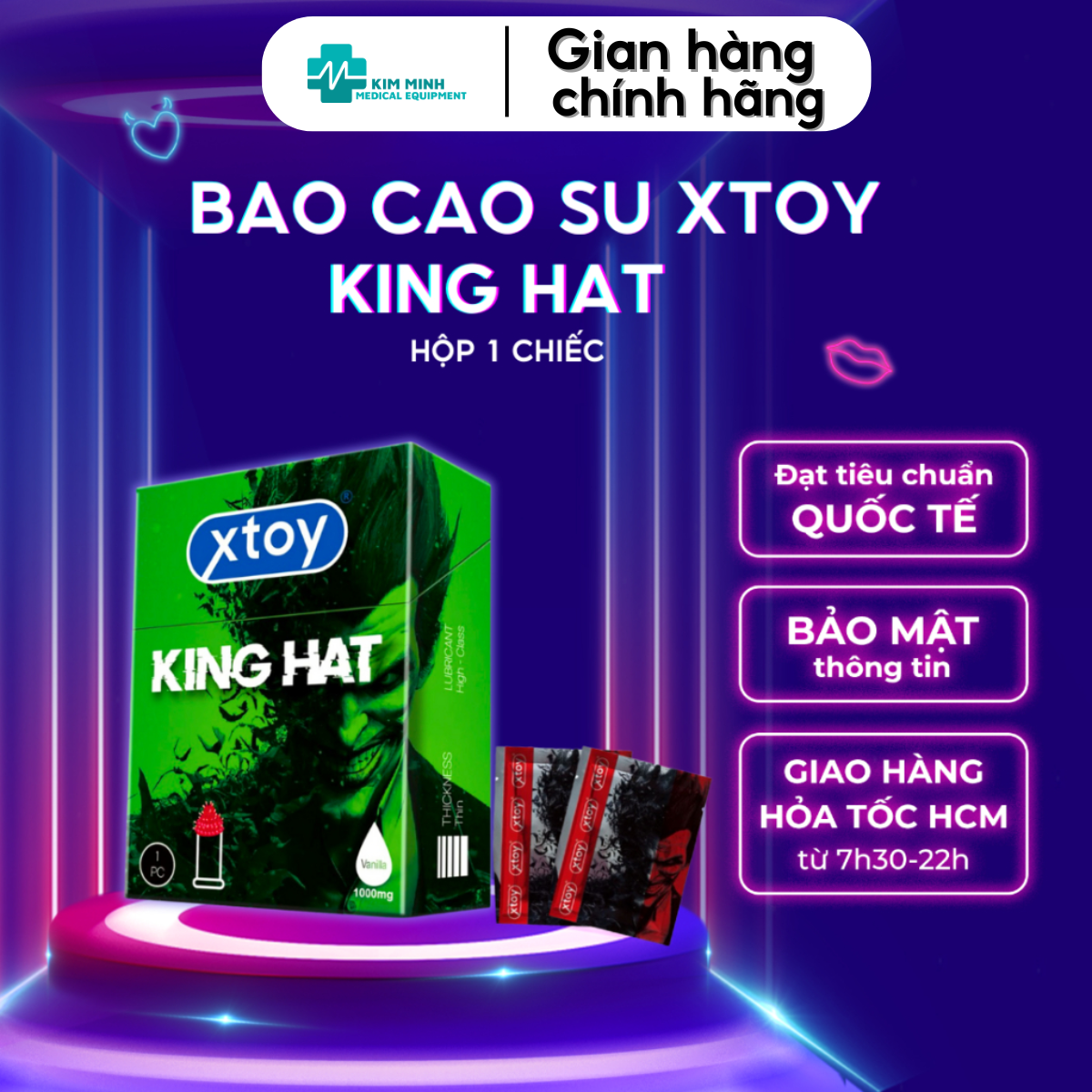 Bao cao su gai XTOY KING HAT gai lớn, tăng khoái cảm, nhiều gel, hương vani - hộp 1 chiếc