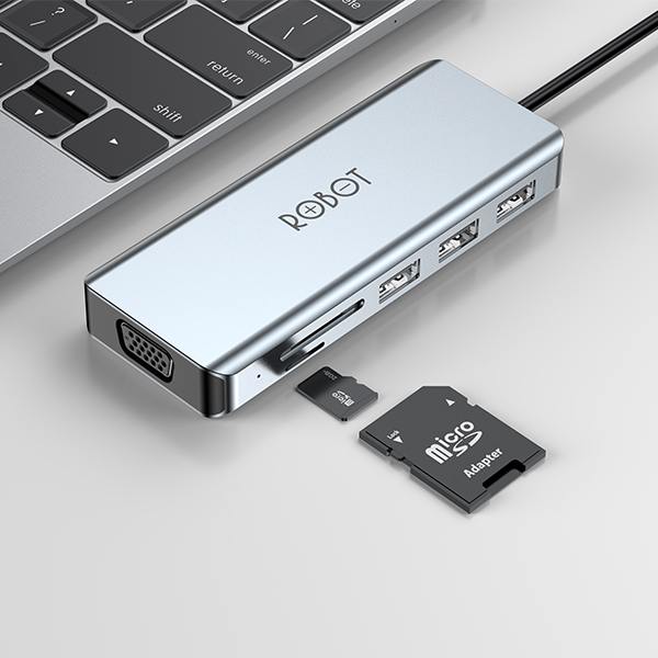 Bộ chuyển đổi 9in1 ROBOT HT390 type-c cổng kết nối USB 3.0/ HDMI/PD/SD/TF/VGA/AUX cho Macbook bộ chuyển đổi máy tính Matebook USB 3.0 - HÀNG CHÍNH HÃNG