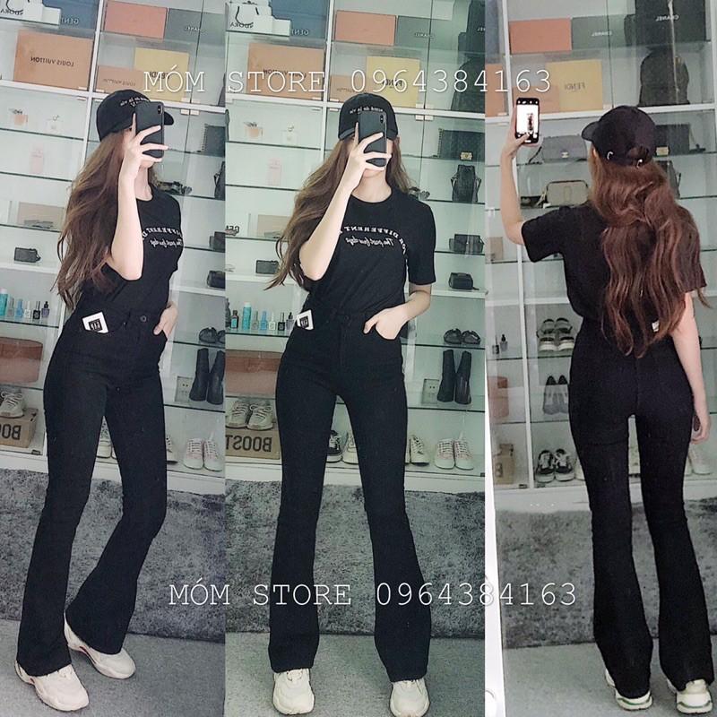 Quần jean nữ - Quần bò ống loe đen lưng cao dáng dài,co giản tốt Xuất Xịn