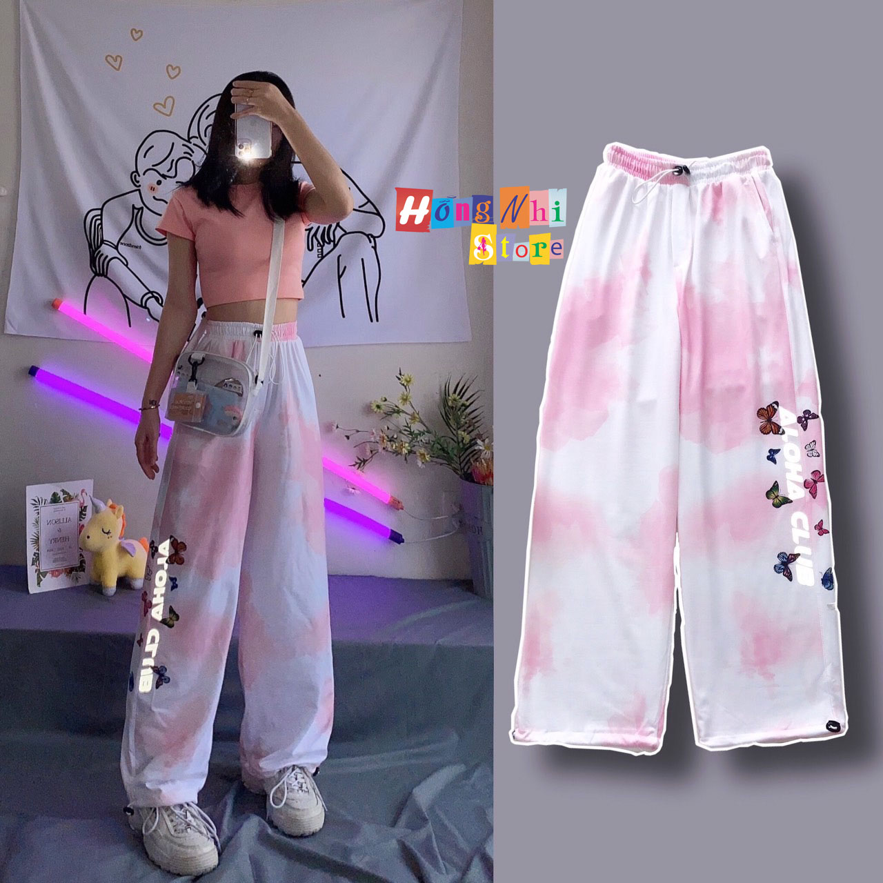 Quần Jogger Thun Dài Dây Rút Loang Màu Phản Quang Màu Hồng - Quần Thun Rút Dây Unisex - MM