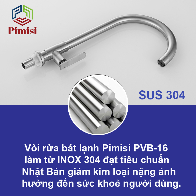 Vòi Rửa Bát Inox 304 Pimisi PVB-16+DC Đơn 1 Đường Nước Lạnh Gắn Chậu Rửa Chén Âm - Dương Bàn Đá Nhà Bếp | Chính Hãng