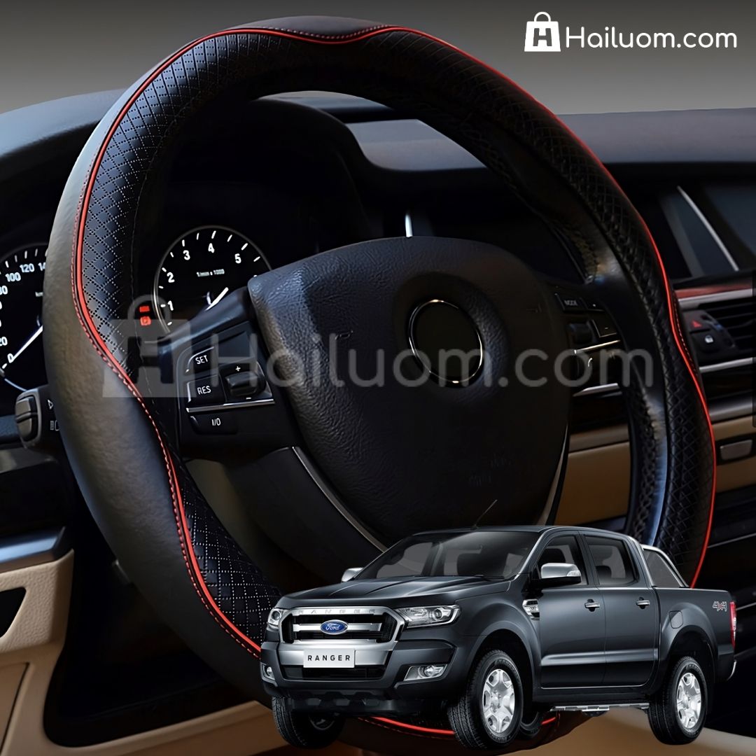 Bọc Vô Lăng ô tô cho FORD RANGER Da Thật Cao Cấp - Màu Đen Chỉ Đỏ