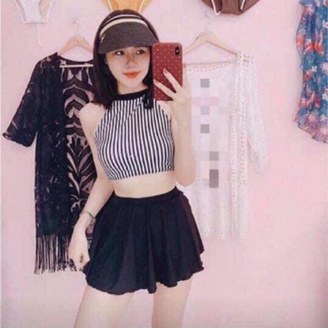 Đồ bơi bikini áo sọc cột nơ cổ