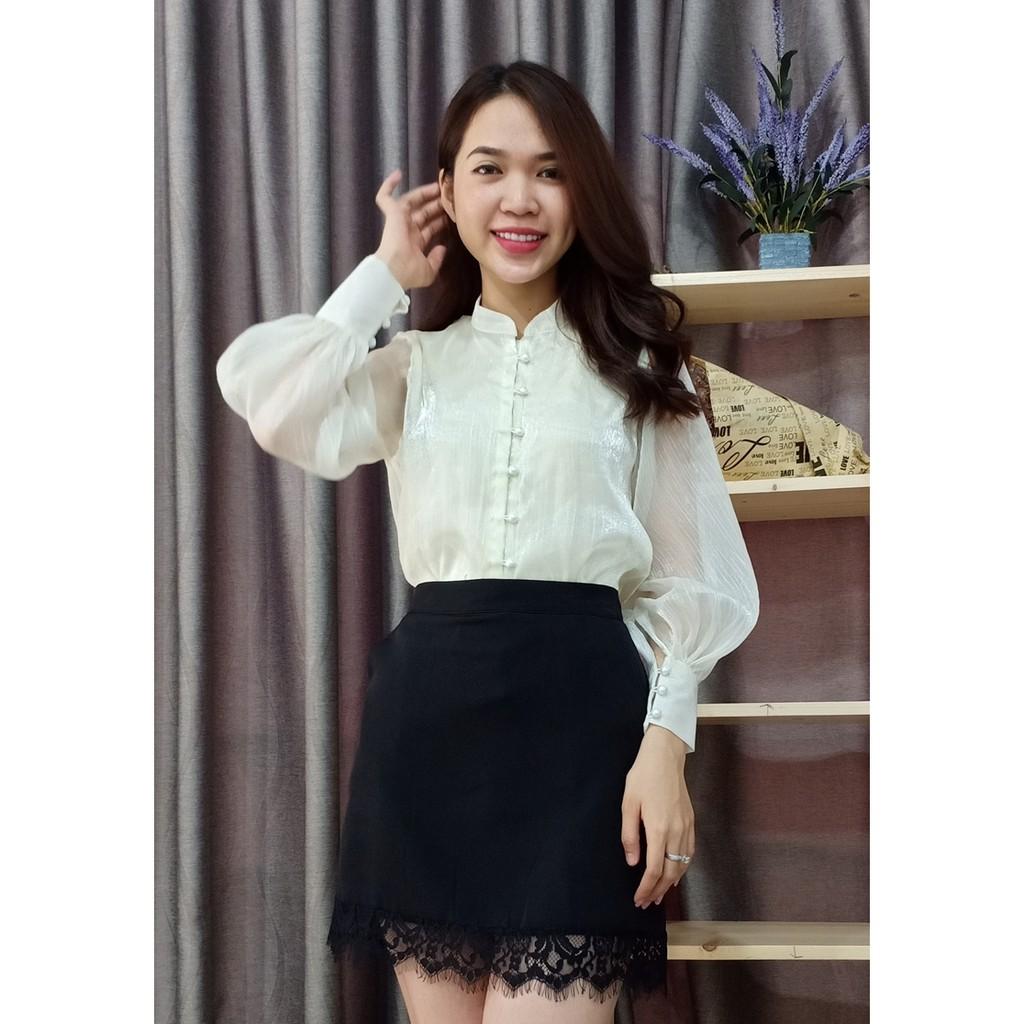 Áo sơ mi cổ trụ tay phòng màu trắng chất tơ gân dễ thương ẢNH MẪU SHOP