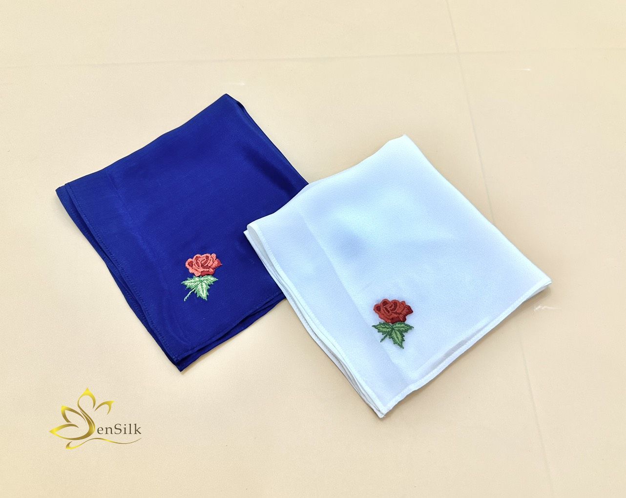 Khăn Tay Thêu Handmade Hoa Hồng Sen Silk - 100% Mulberry Silk Embroidery - Quà Tặng Bạn Gái Trai - Quà Việt Nam cho Khách Nước Ngoài - Lụa Tơ Tằm Thuần Việt