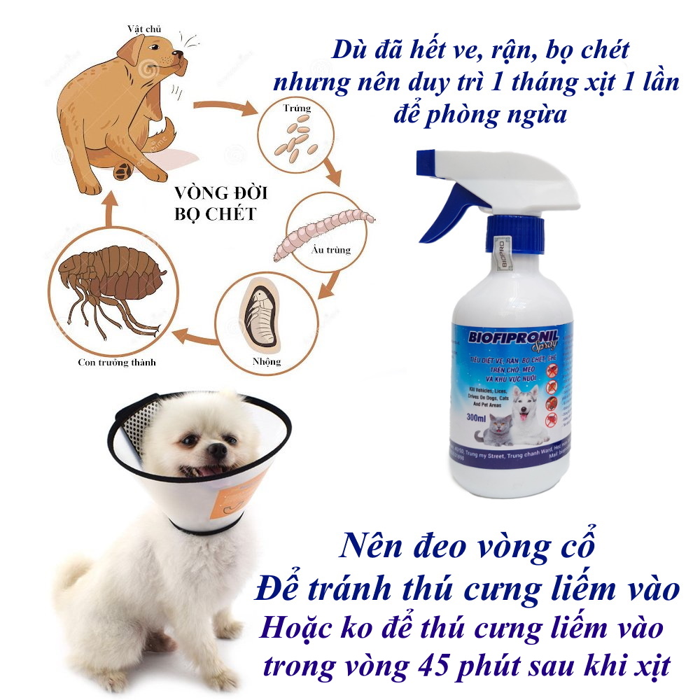 Chai xịt tiêu diệt sạch ve rận bọ chét ghẻ cho Chó, Mèo BioFipronil chai 300ml Tác dụng lâu dài Sx tại Việt Nam