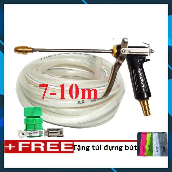 Bộ dây vòi xịt nước rửa xe,tưới cây ,tăng áp 3 lần,loại 7m.10m 206318 đầu đồng,đai,nối nhựa v+ túi đựng bút