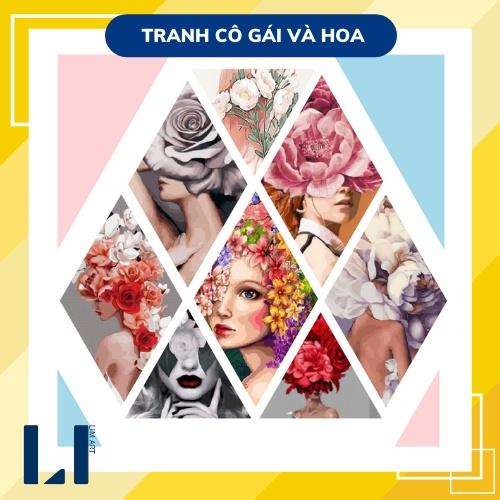 Tranh sơn dầu số hoá có khung -Tranh tô màu theo số cô gái và hoa