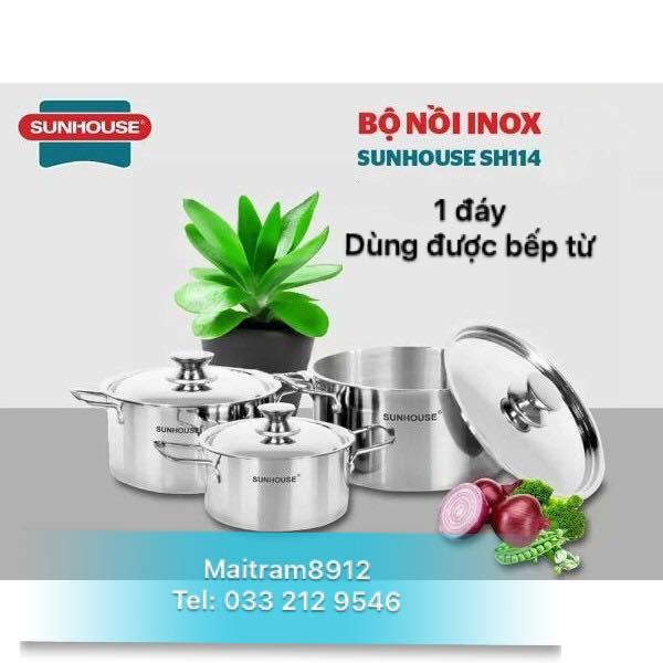 BỘ 3 NỒI INOX 1 ĐÁY SUNHOUSE SH224 - DÙNG ĐƯỢC MỌI LOẠI BẾP, KỂ CẢ BÊP ĐIỆN TỪ.