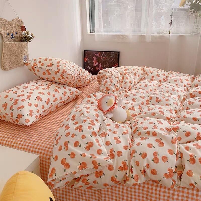 Set Chăn Ga Quả Cam Ga Kẻ Caro Cotton Living Thoáng Mát Siêu Xinh (Shinbedding_store)