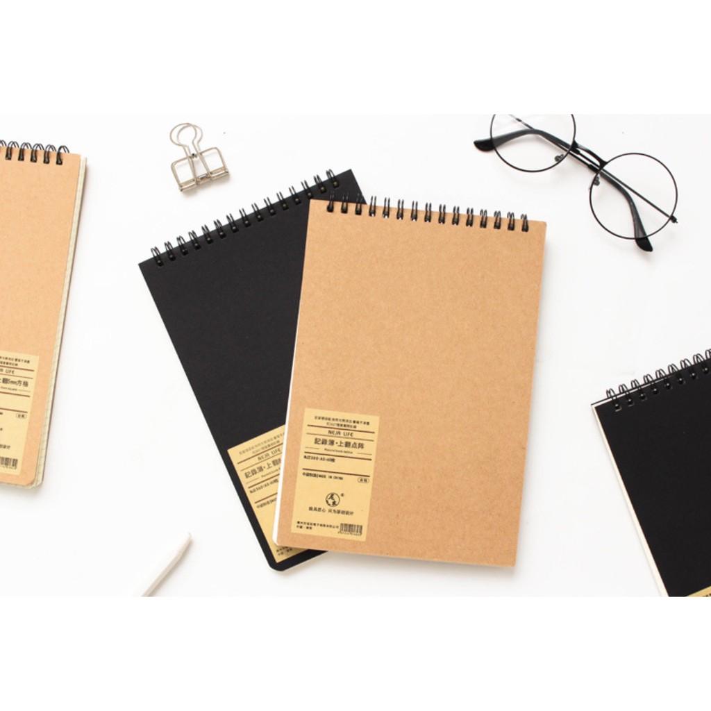 Sổ Lò Xo Ngang Chấm Bi / Ô Vuông Bìa Đen - Bìa Giấy Kraft - Sổ Làm Bullet Journal Vẽ Ghi Chép size A5 Lò Xo Ngang