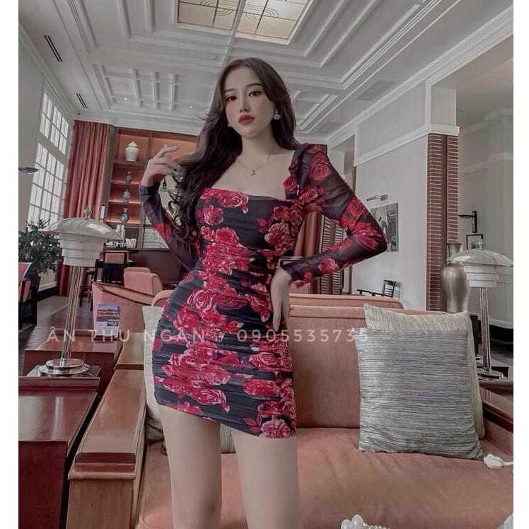 Đầm body nhún tay dài cổ vuông hoạ tiết hoa hồng