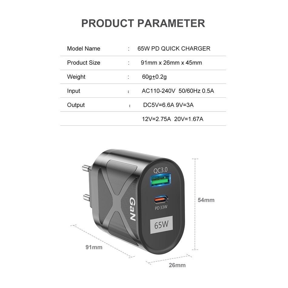 Củ sạc nhanh GaN 65W PD 33W Quick Charger 3.0 cho loại C / USB / máy tính bảng / điện thoại