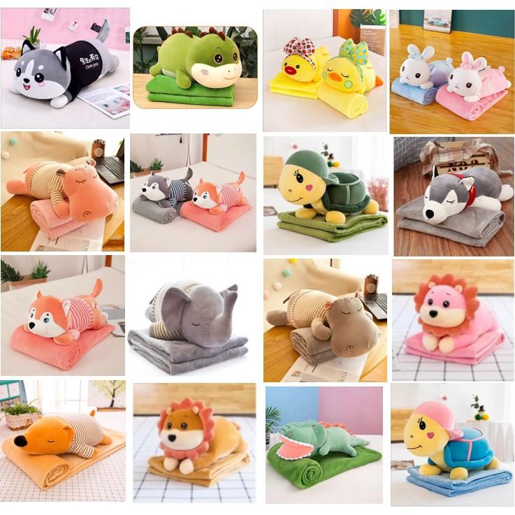 Bộ chăn gối văn phòng gấu bông khủng long, hà mã, heo xinh 60cm siêu đáng yêu