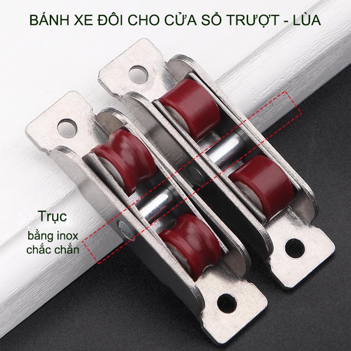 Bộ 2 bánh xe đôi cho cửa trượt-cửa lùa khung thép không gỉ, bánh xe nhựa Nilong rộng 16mm, dùng cho cửa trượt-lùa