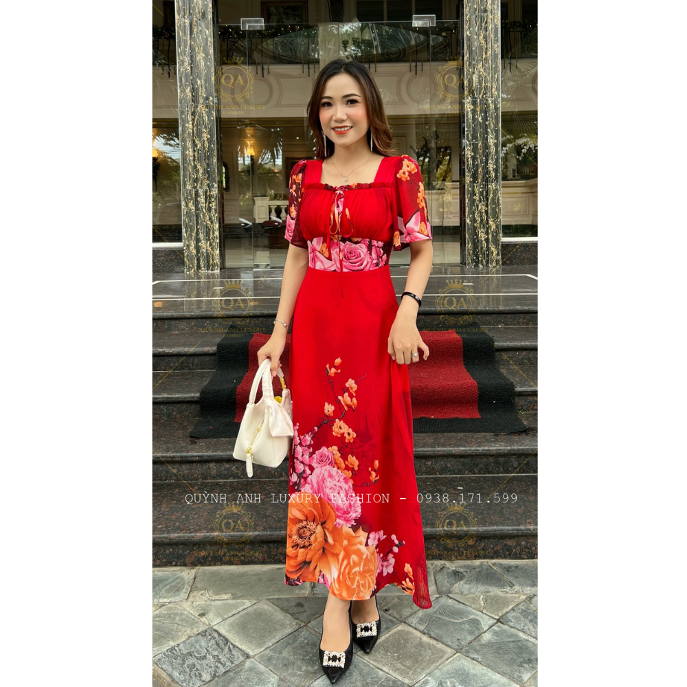 Đầm Xoè Hoa 3D Đỏ Cổ Vuông Dập Ly Tay Loe Voan Cao Cấp Sandra Dress