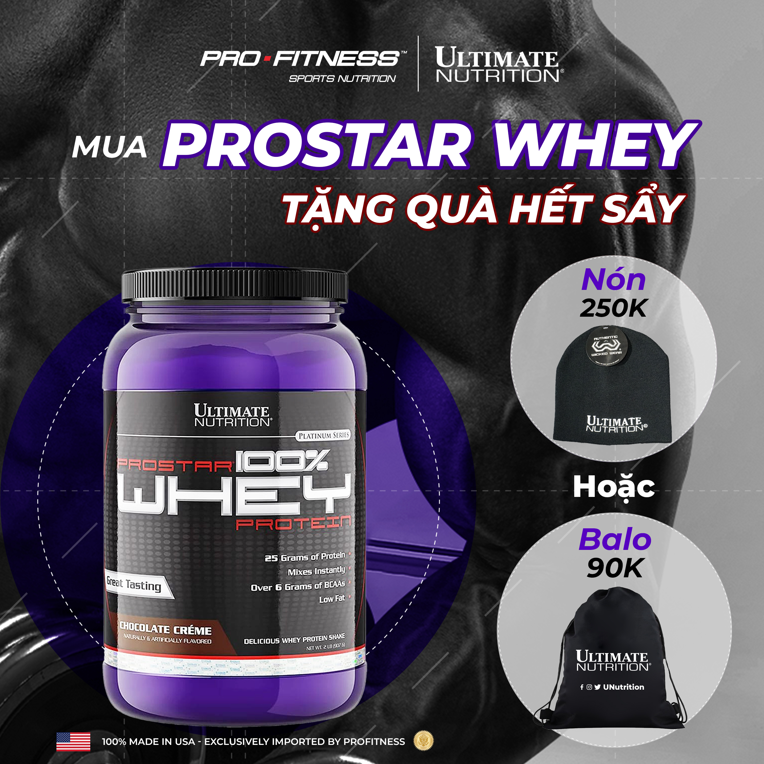 Whey Protein tăng cơ giảm mỡ Prostar 100 Ultimate Nutrition - Whey Isolate cao cấp hấp thụ protein Hũ 907g - Vị Chocolate