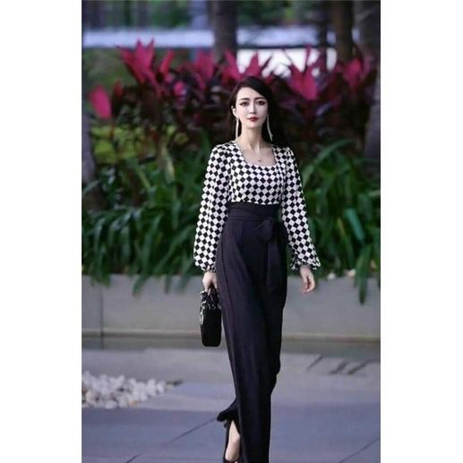 JUMPSUIT LỤA PHỐI CARO TAY PHỒNG CAO CẤP