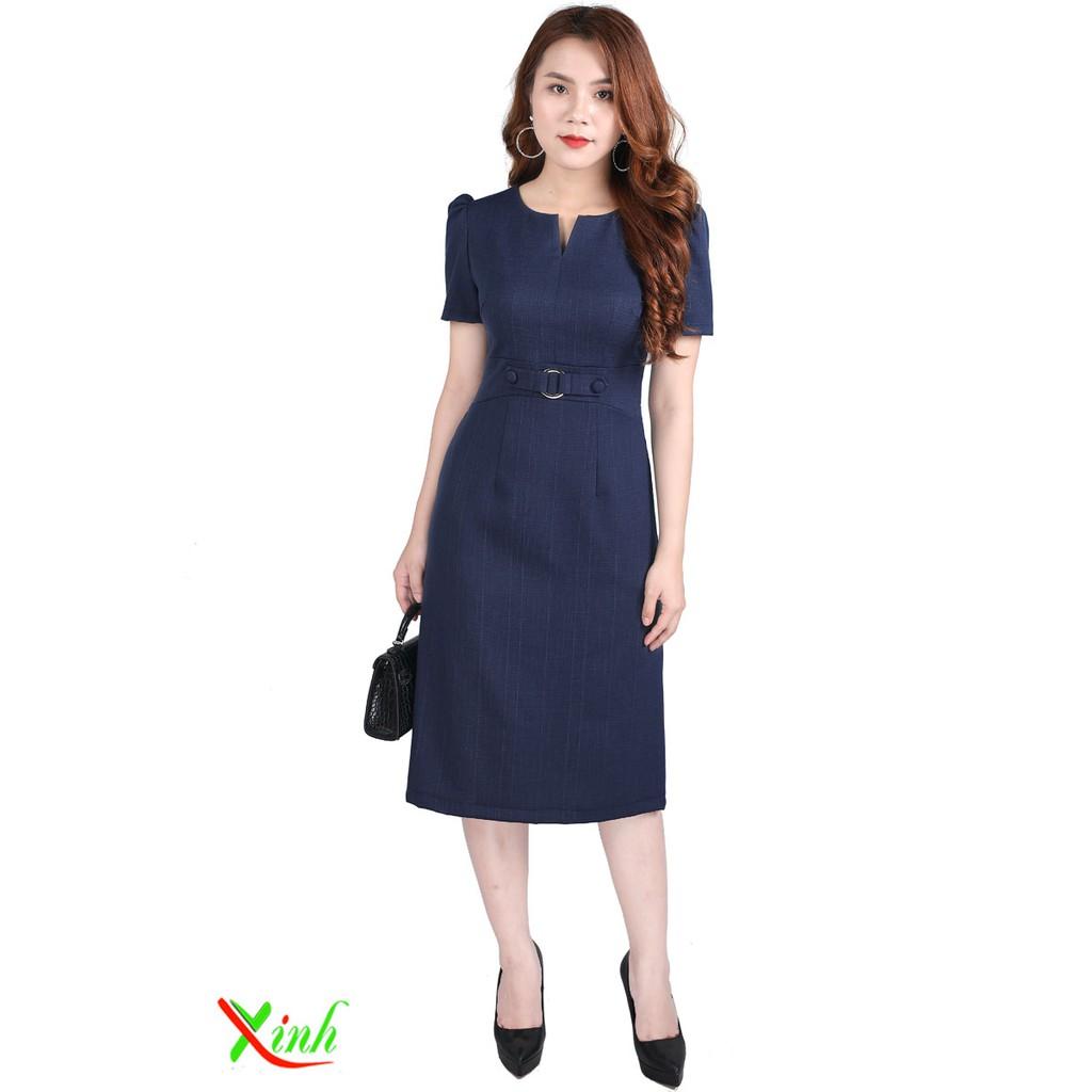 Đầm Suông Xanh Đen Phối Khuy Che Bụng Béo DL670