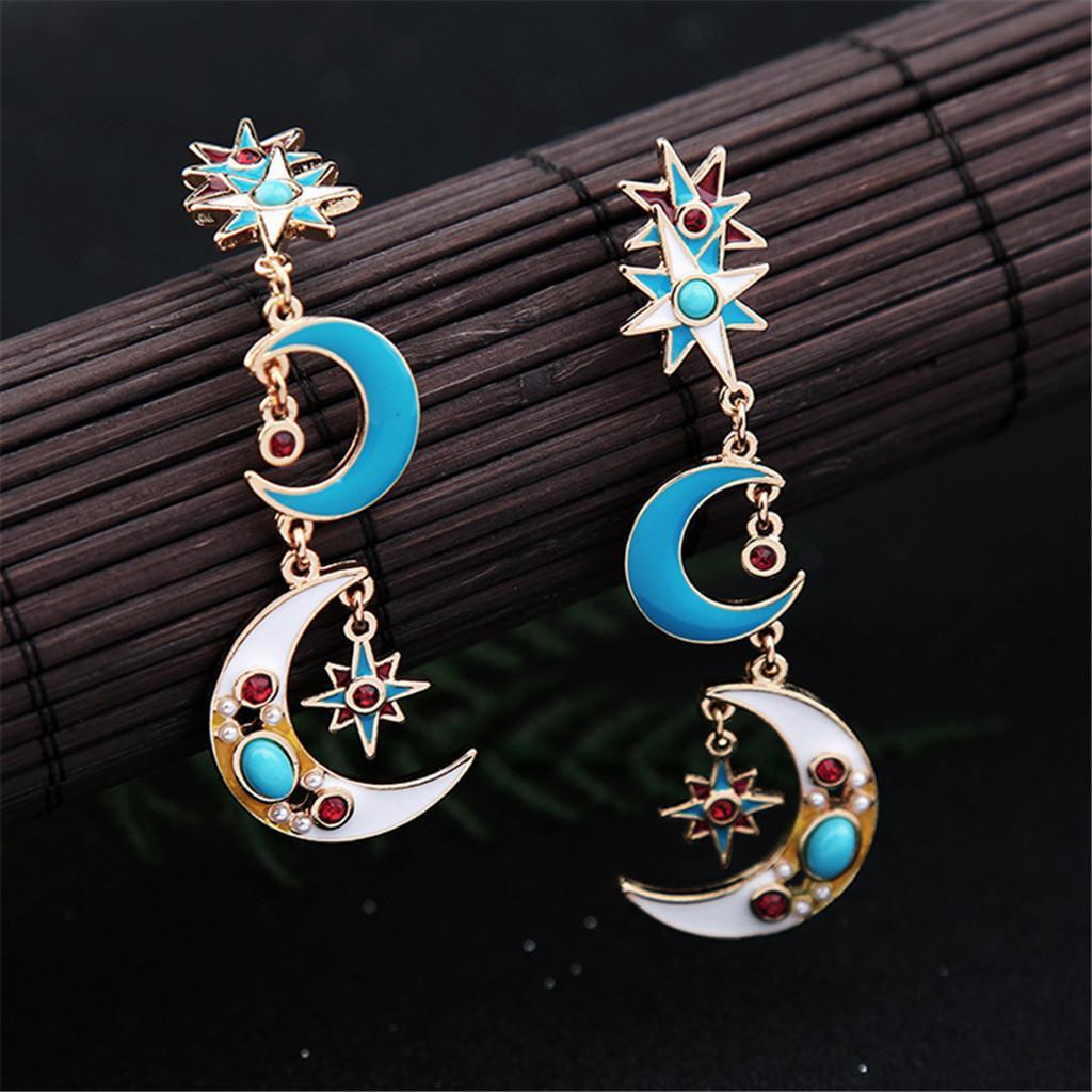 Trendy Enamel Charms Earrings Gold Stars Moon Dangle Earrings