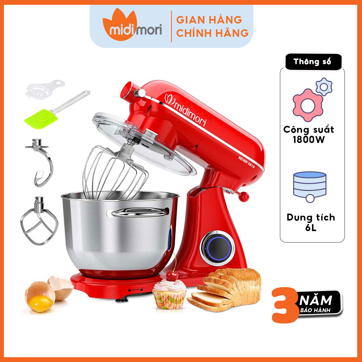Máy nhào trộn bột thân khung thép Midimori, MDMR-9819A (1800W) – Hàng chính hãng