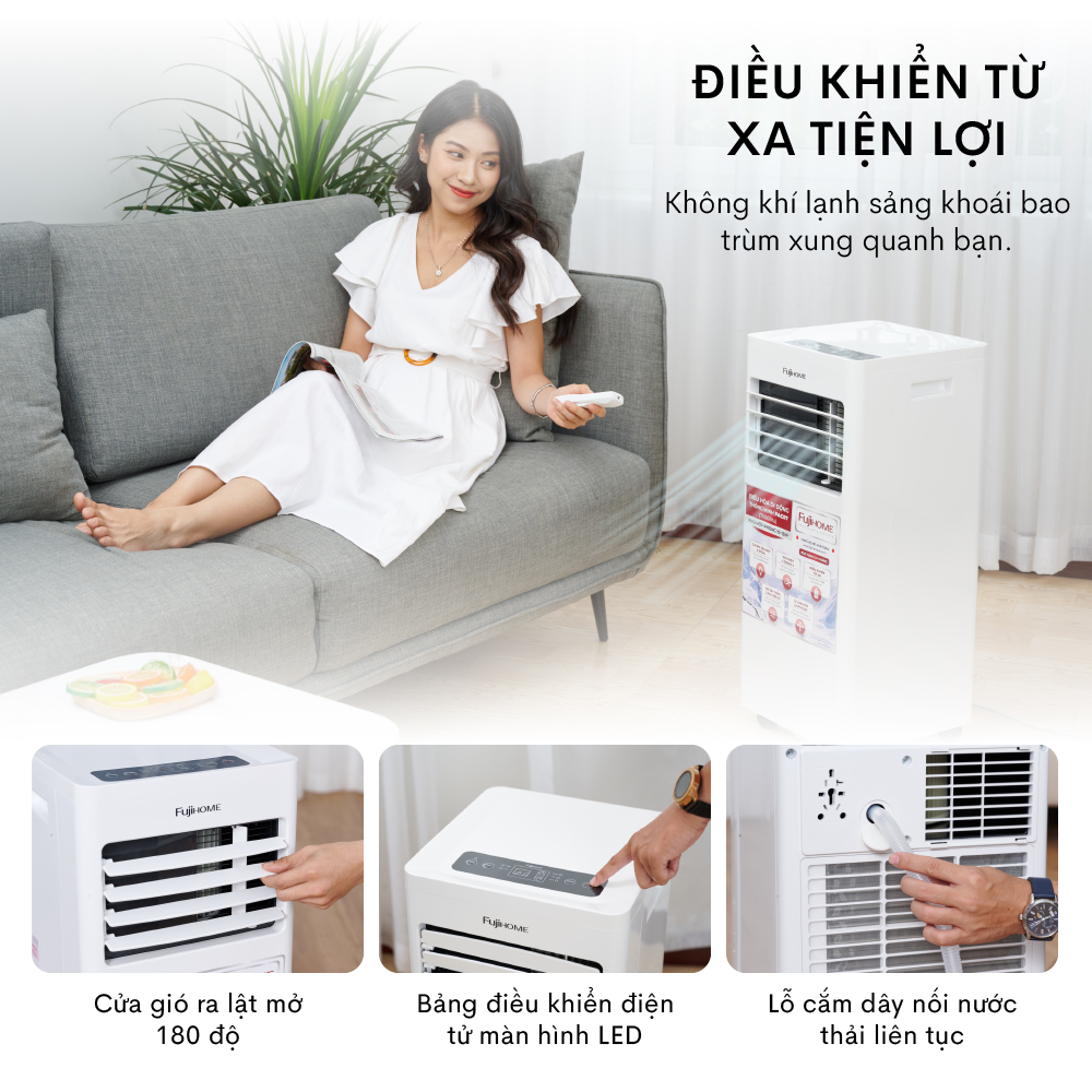 Máy lạnh di động 7000 BTU Fujihome PAC07, điều hòa di động mini 4 trong 1 làm lạnh, hút ẩm, quạt, lọc không khí, điều khiển từ xa - Hàng chính hãng