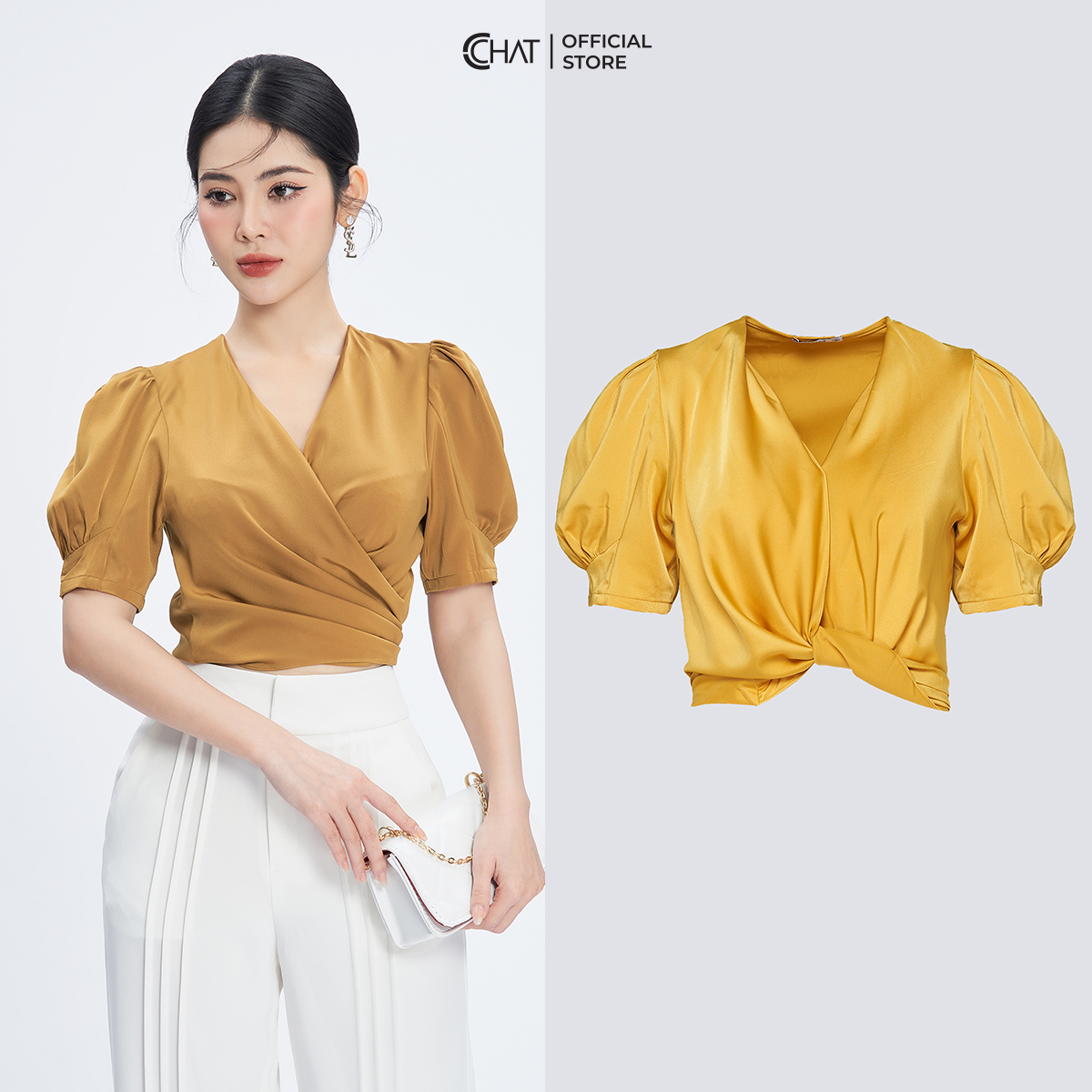 Áo Sơ Mi Nữ  Cổ V Ly Tay Cộc Chất Liệu Lụa Cao Cấp 13ANL2006GT