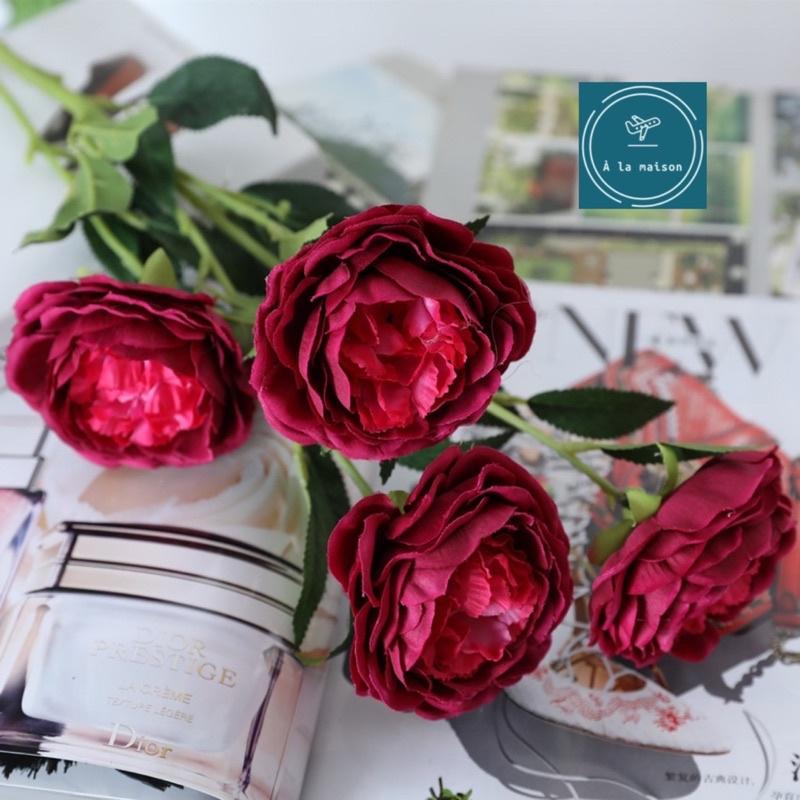 Cành hoa hồng trà lai cao 80cm đẹp sang trọng phong cách bán cổ điển, hoa lụa cao cấp, hoa lụa trang trí