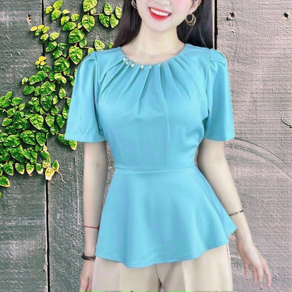 [L2M] Áo sơ mi kiểu nữ peplum CỔ XẾP LY ĐÍNH NGỌC có chun lưng giấu bụng hiệu quả
