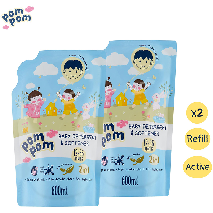 Combo 02 Túi 600ml Nước Giặt xả Em Bé Pom Pom Active Sạch Khuẩn Khử Mùi (12 - 36 tháng)