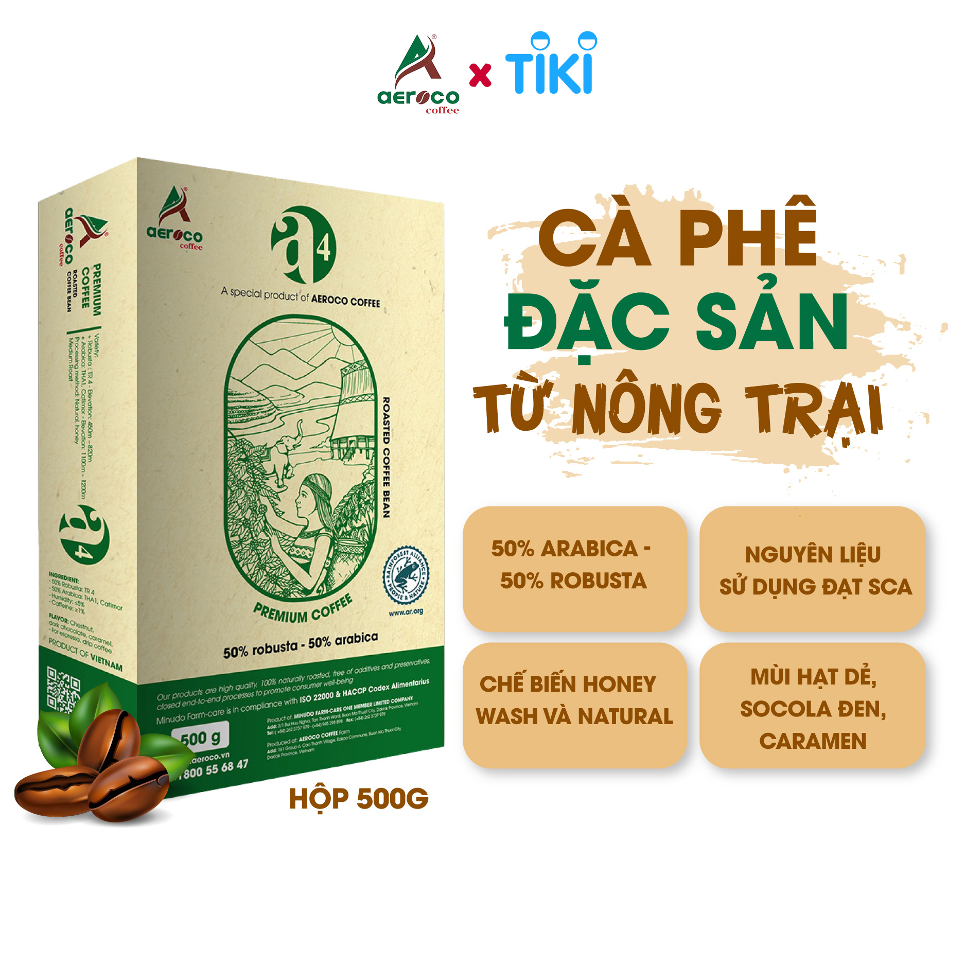 Cà phê hạt rang AEROCO A4 pha phin và pha máy, hộp 500g, nguyên chất 100% rang mộc hậu vị ngọt thơm quyến rũ