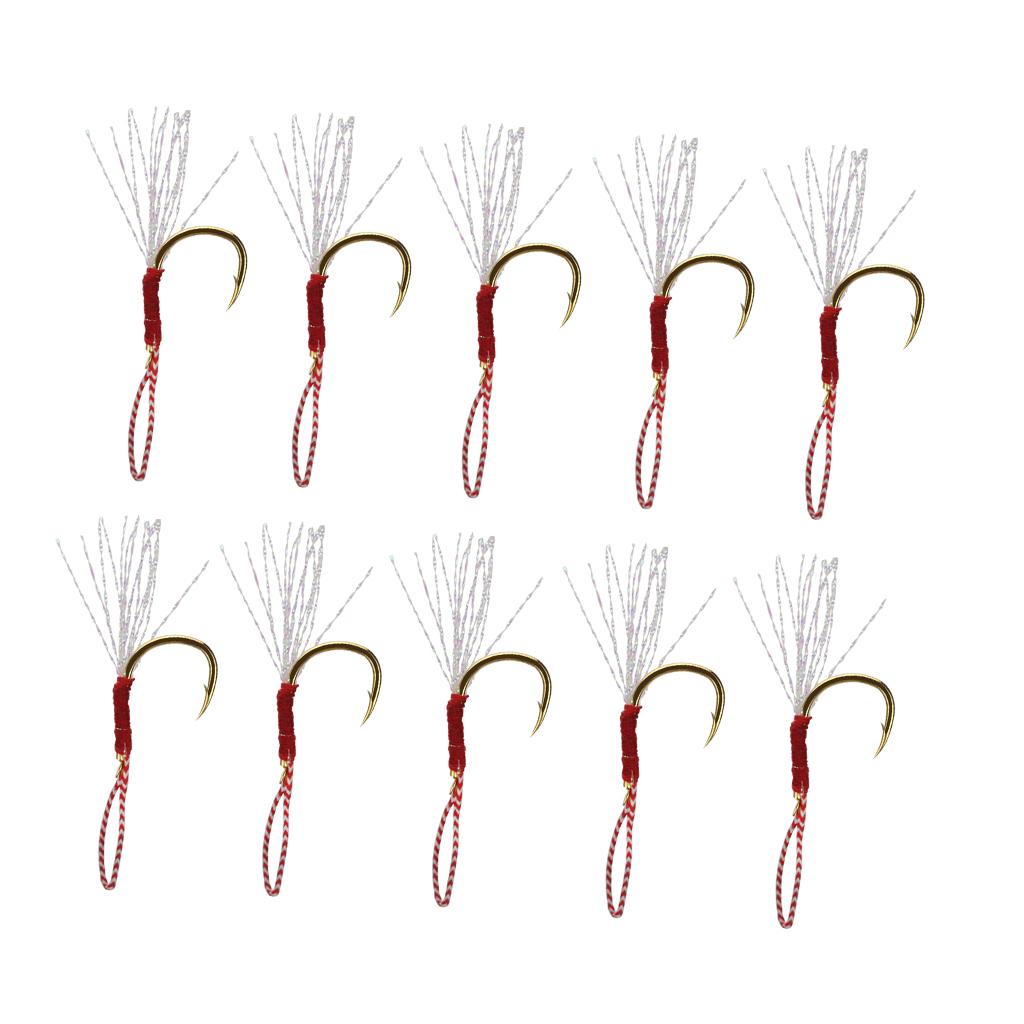 10pcs Fishing Assist Jig Hook Live Baits Hooks with Braid Lines Gold 12
